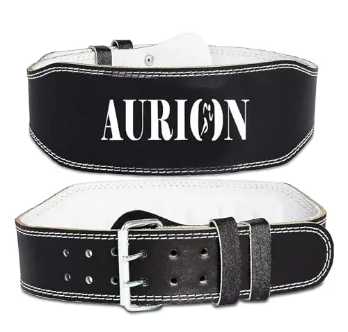 Aurion Weight Lifting Gym Belt-Large | Leather Gym Belt for Workout with Padded Back Support | Dead Lift Belt - Black