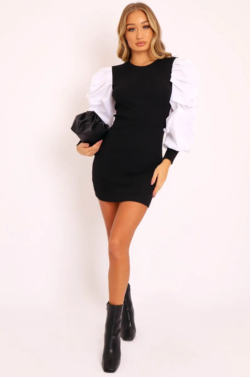 Black Ribbed Shirt Ruched Sleeves Dress - Nieve