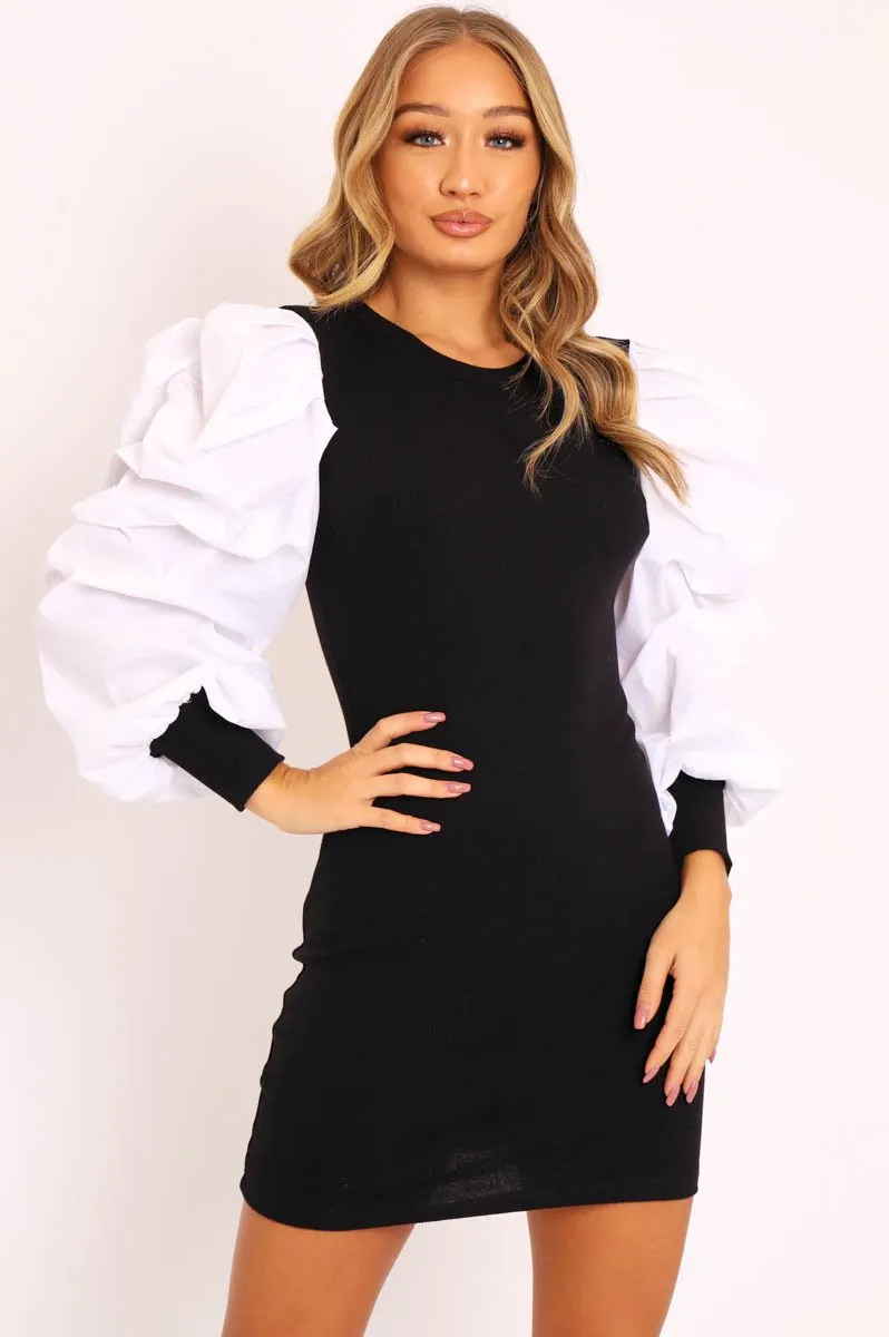 Black Ribbed Shirt Ruched Sleeves Dress - Nieve