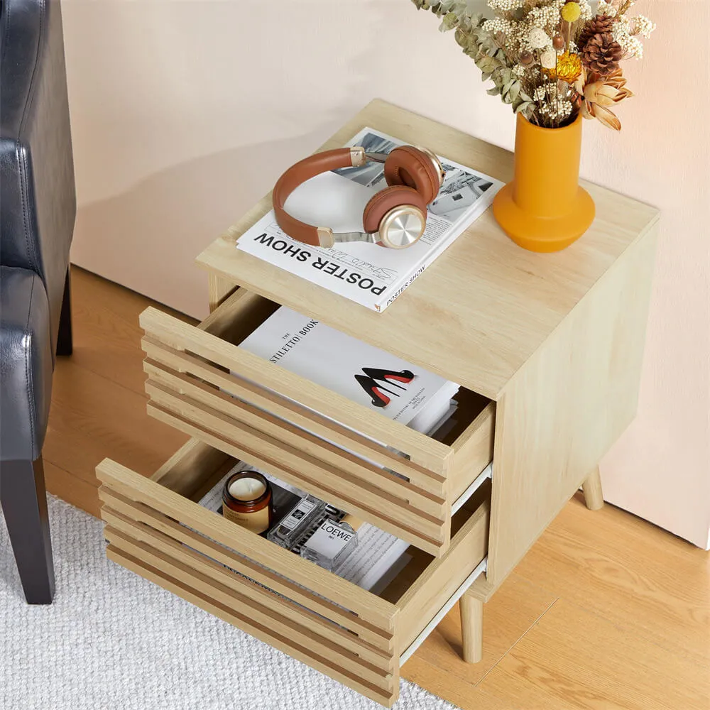 Black Wooden Nightstand Storage Side Table with 2 Storage Hollowed-Out Drawers