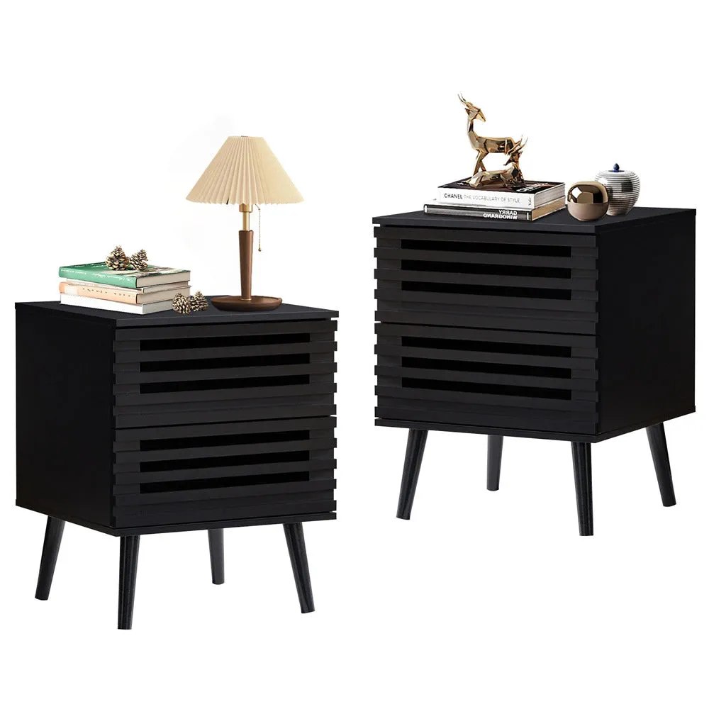 Black Wooden Nightstand Storage Side Table with 2 Storage Hollowed-Out Drawers