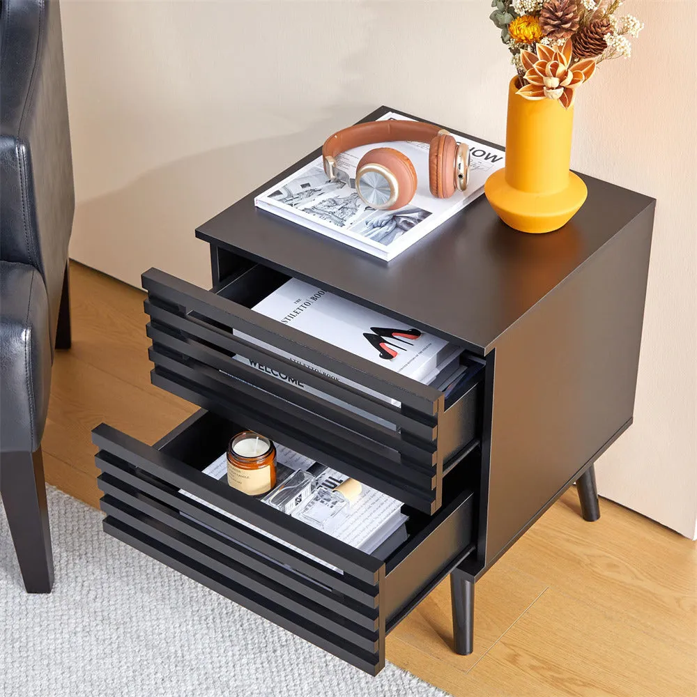 Black Wooden Nightstand Storage Side Table with 2 Storage Hollowed-Out Drawers