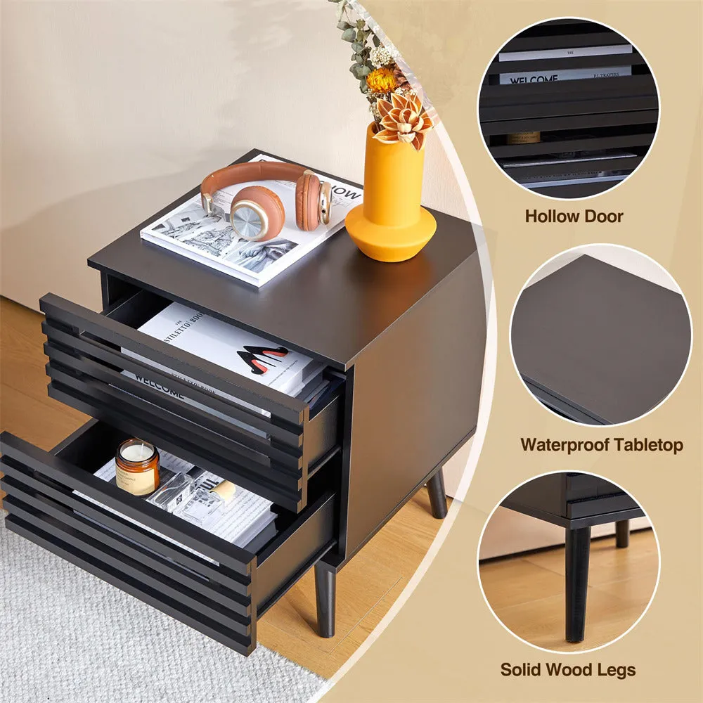 Black Wooden Nightstand Storage Side Table with 2 Storage Hollowed-Out Drawers