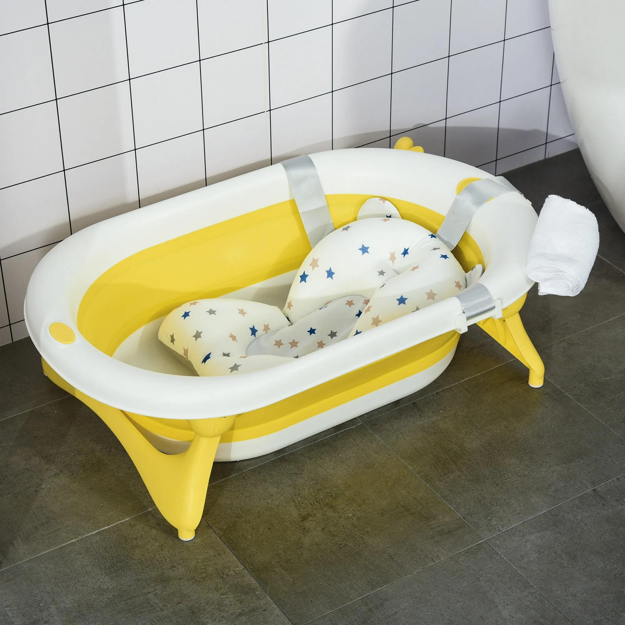 Collapsible Baby Bath Tub Foldable Ergonomic w/ Cushion Temperature Sensitive Water Plug Non-Slip Support Leg Portable for 0-3 Years, Yellow