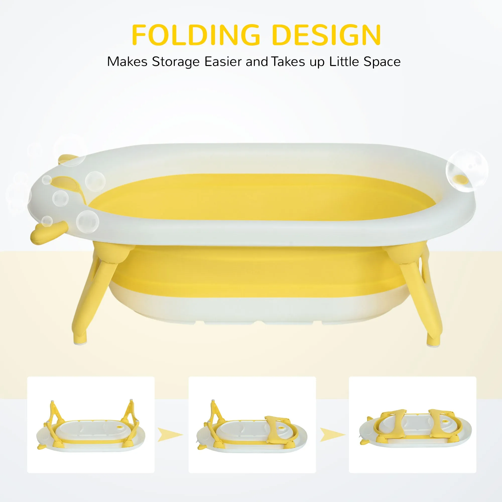 Collapsible Baby Bath Tub Foldable Ergonomic w/ Cushion Temperature Sensitive Water Plug Non-Slip Support Leg Portable for 0-3 Years, Yellow