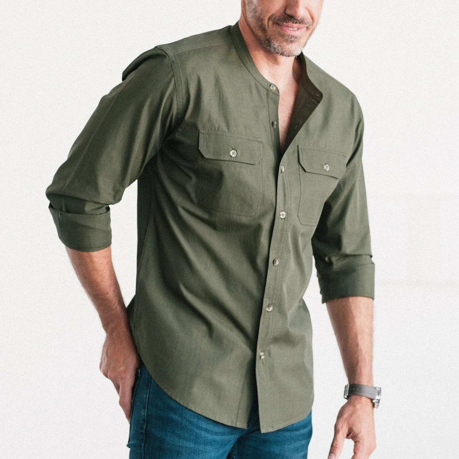 Constructor Band Collar Utility Shirt – Olive Green End-on-end