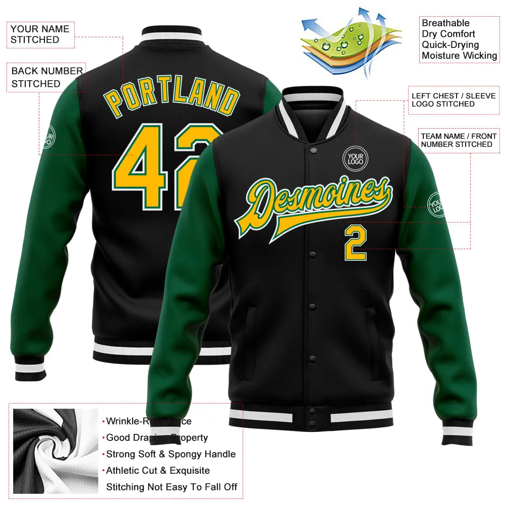 Custom Black Gold-Kelly Green Bomber Full-Snap Varsity Letterman Two Tone Jacket