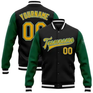 Custom Black Gold-Kelly Green Bomber Full-Snap Varsity Letterman Two Tone Jacket