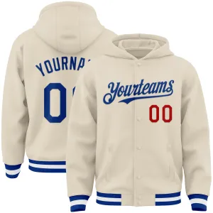 Custom Cream Royal Red-White Bomber Full-Snap Varsity Letterman Hoodie Jacket