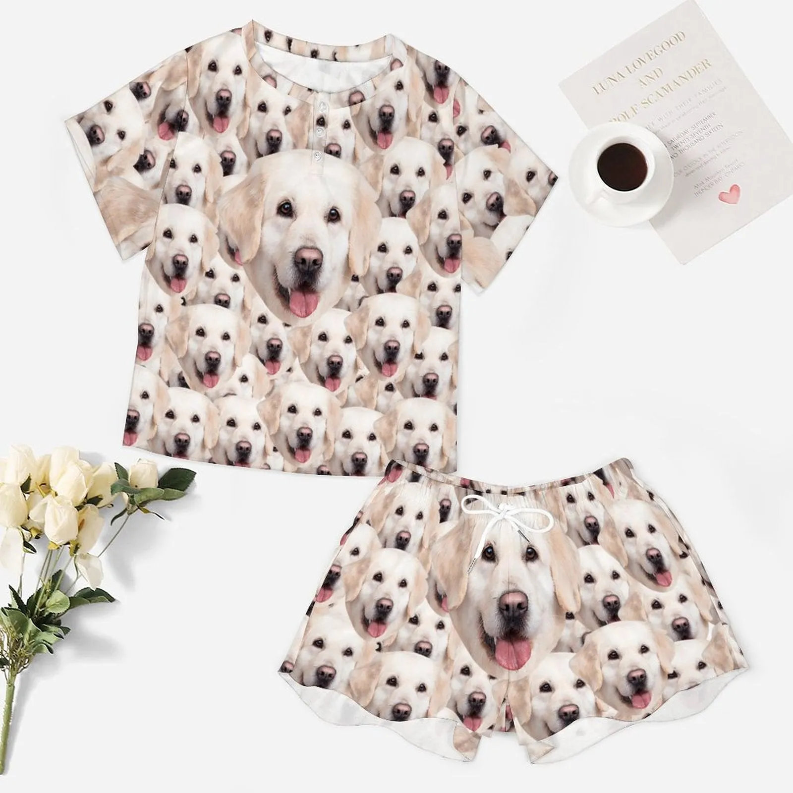 Custom Face Lovely Pet Seamless Print Pajama Set Women's Short Sleeve Top and Shorts Loungewear Athletic Tracksuits