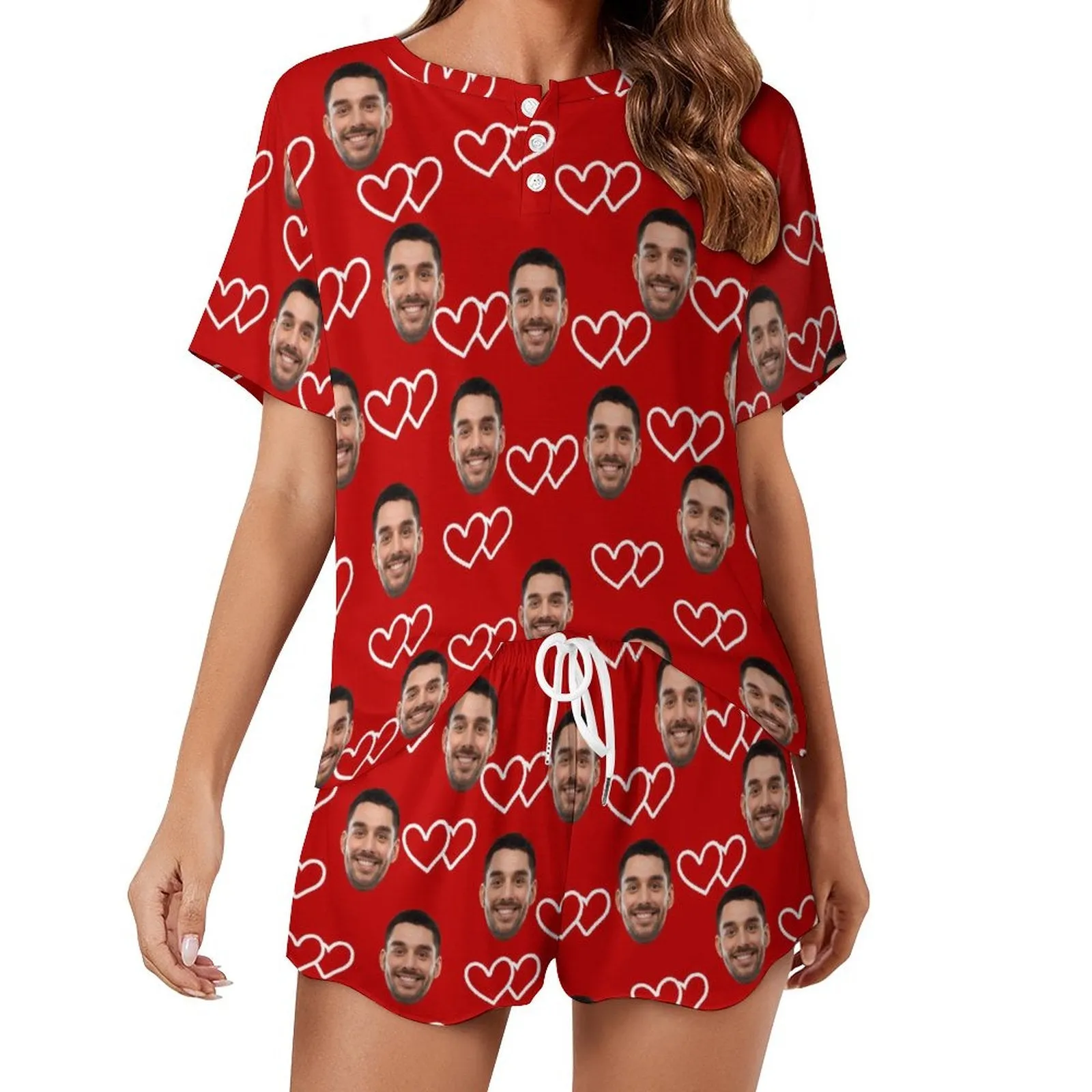 Custom Face White Line Heart Red Print Pajama Set Women's Short Sleeve Top and Shorts Loungewear Athletic Tracksuits