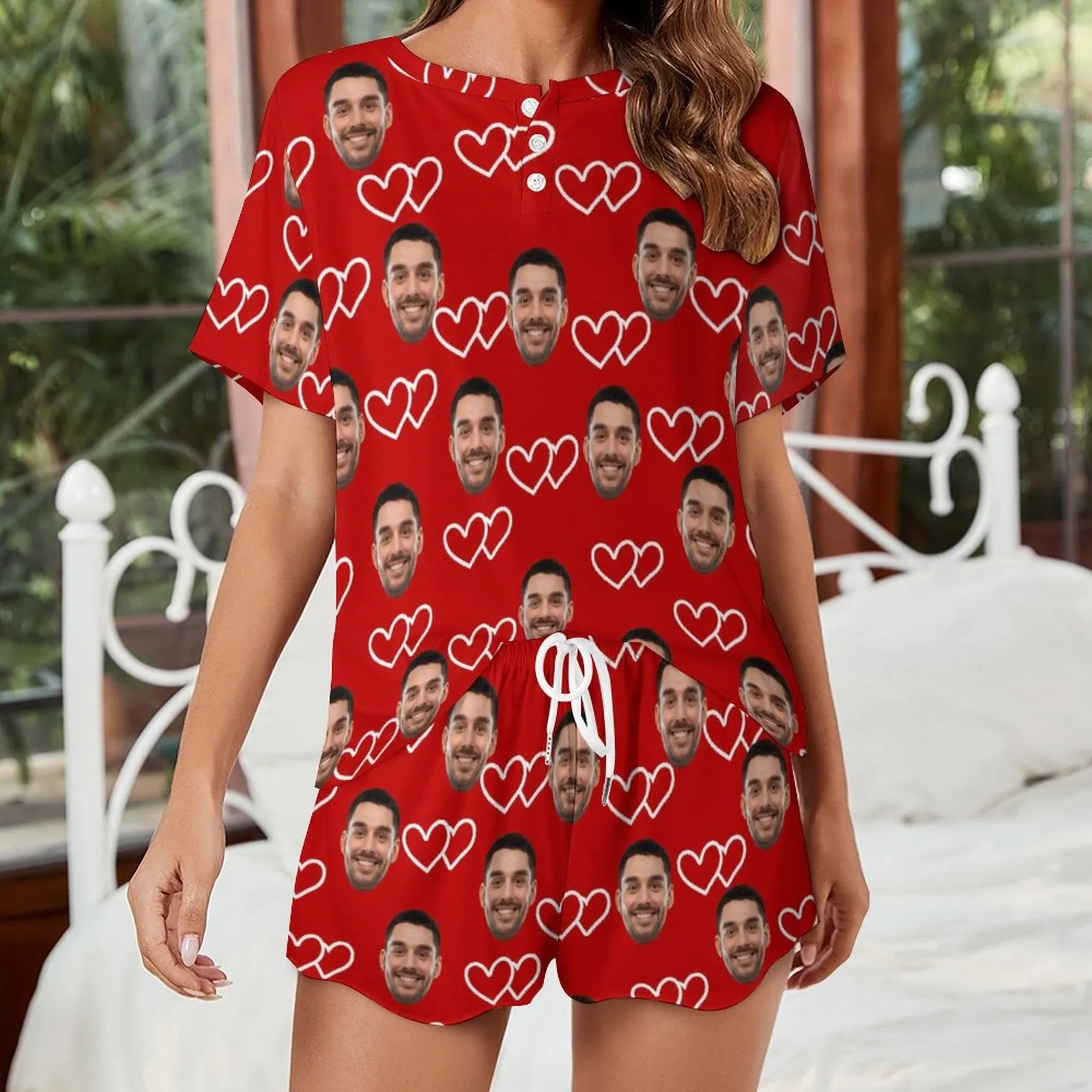 Custom Face White Line Heart Red Print Pajama Set Women's Short Sleeve Top and Shorts Loungewear Athletic Tracksuits