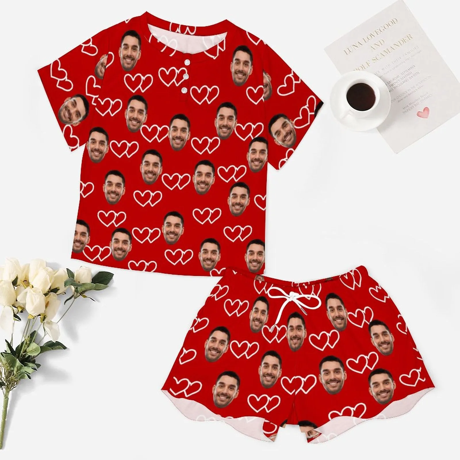 Custom Face White Line Heart Red Print Pajama Set Women's Short Sleeve Top and Shorts Loungewear Athletic Tracksuits