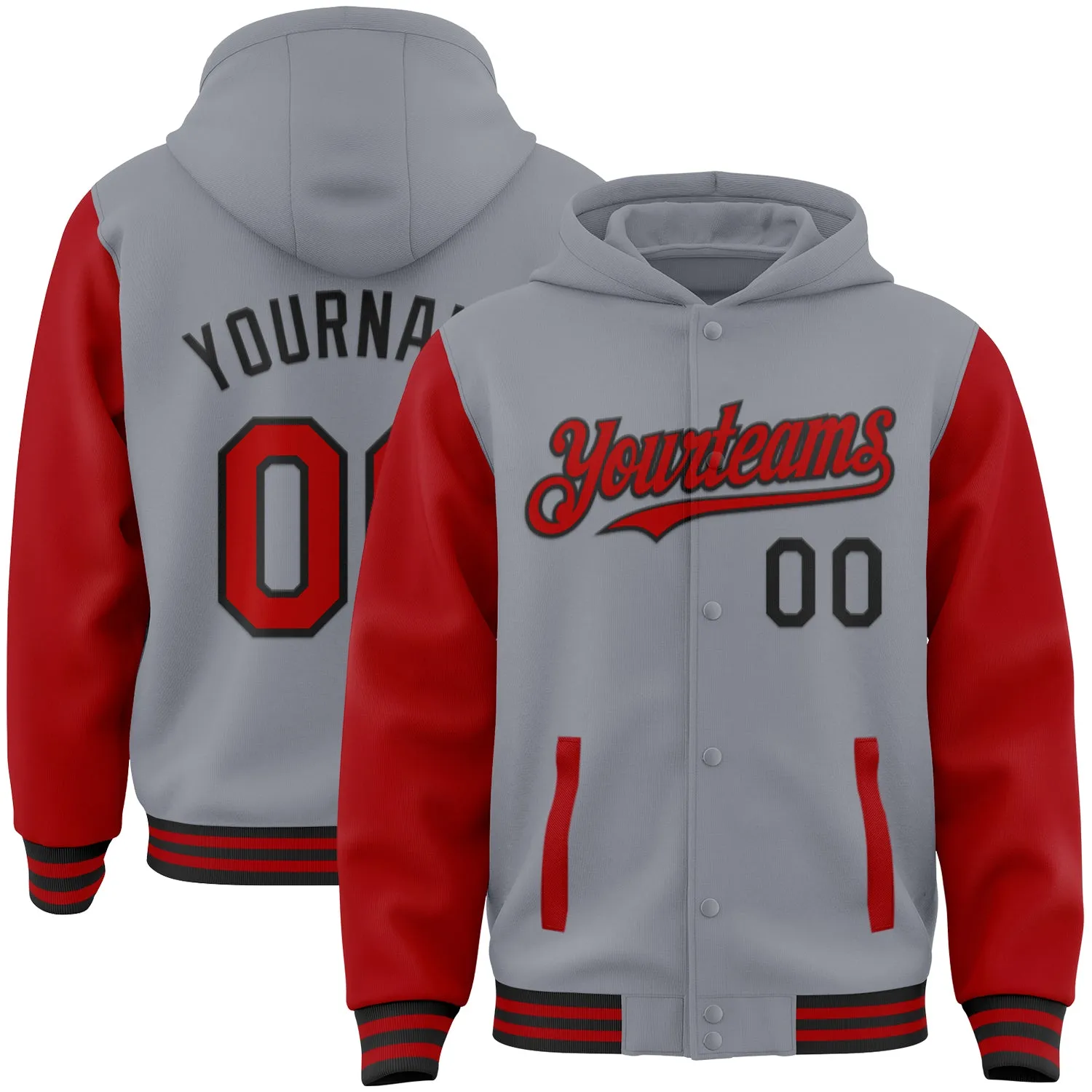 Custom Gray Red-Black Bomber Full-Snap Varsity Letterman Two Tone Hoodie Jacket