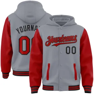 Custom Gray Red-Black Bomber Full-Snap Varsity Letterman Two Tone Hoodie Jacket