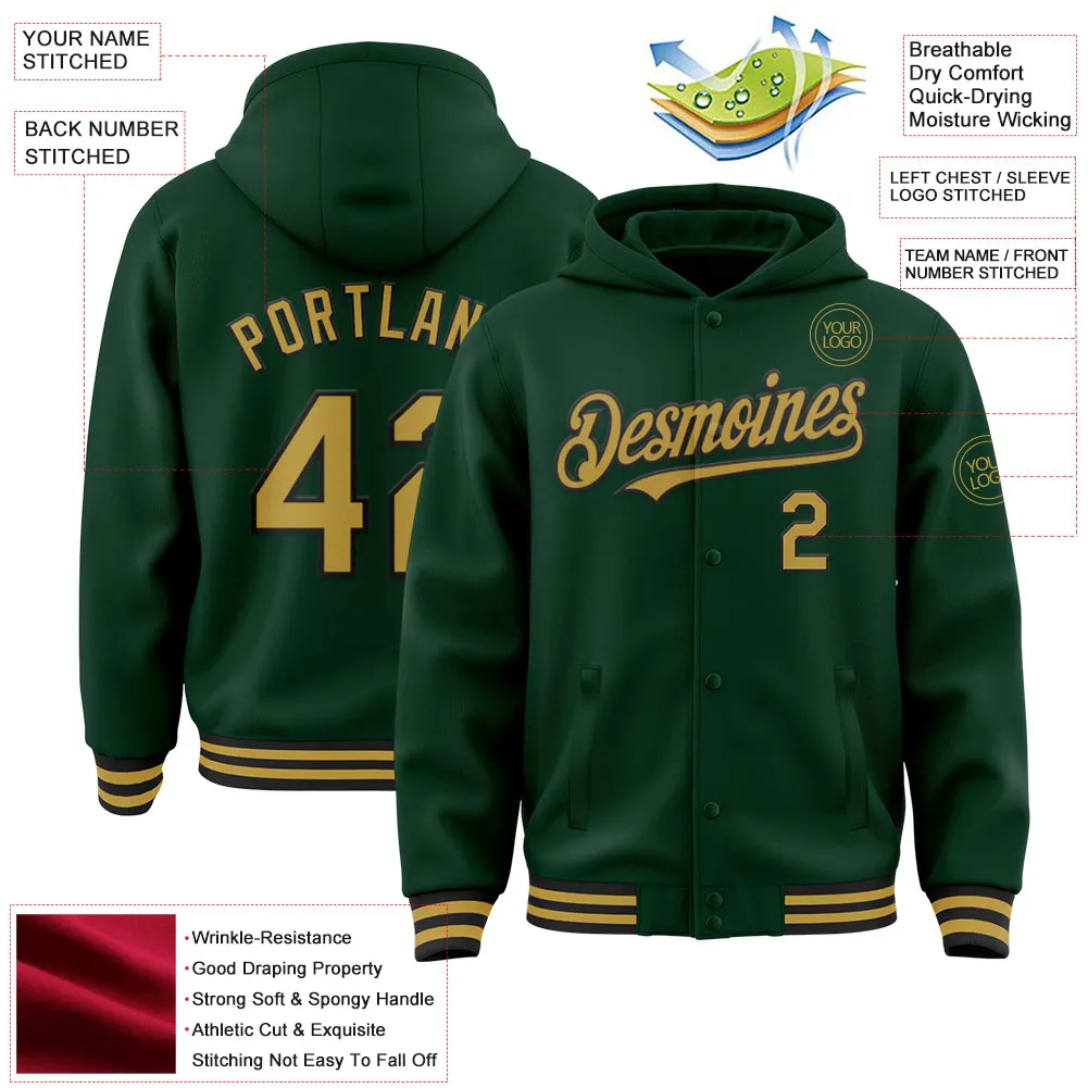 Custom Green Old Gold-Black Bomber Full-Snap Varsity Letterman Hoodie Jacket