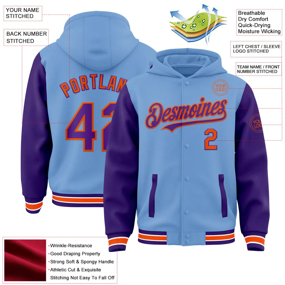 Custom Light Blue Purple-Orange Bomber Full-Snap Varsity Letterman Two Tone Hoodie Jacket