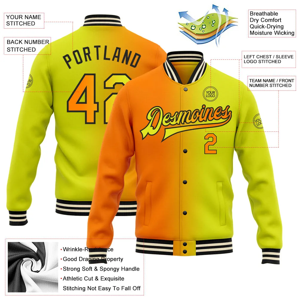 Custom Neon Yellow Bay Orange-Black Bomber Full-Snap Varsity Letterman Gradient Fashion Jacket