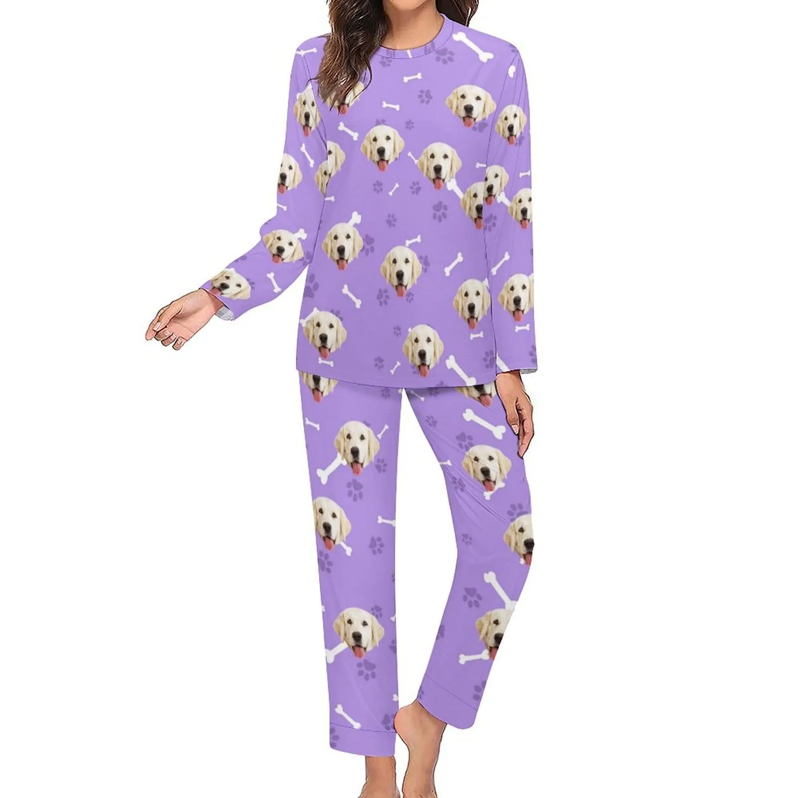 Custom Pet Dog's Face Bone & Footprint Sleepwear Personalized Women's Slumber Party Crewneck Long Pajamas Set