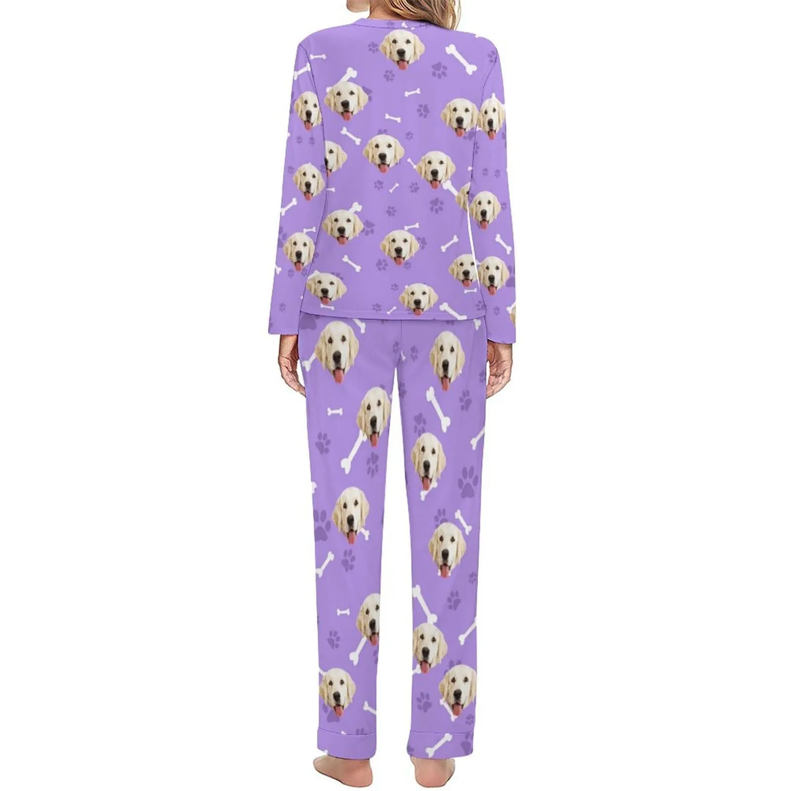 Custom Pet Dog's Face Bone & Footprint Sleepwear Personalized Women's Slumber Party Crewneck Long Pajamas Set