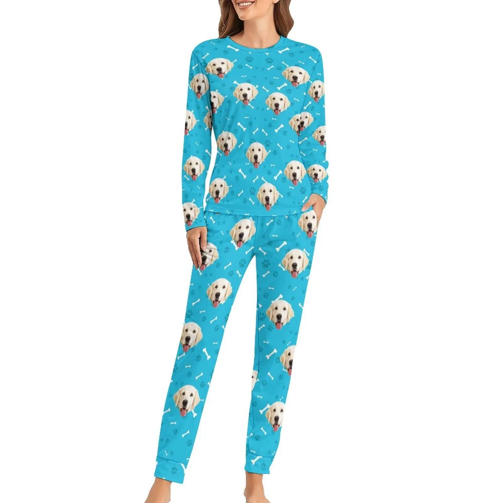 Custom Pet Dog's Face Bone & Footprint Sleepwear Personalized Women's Slumber Party Crewneck Long Pajamas Set