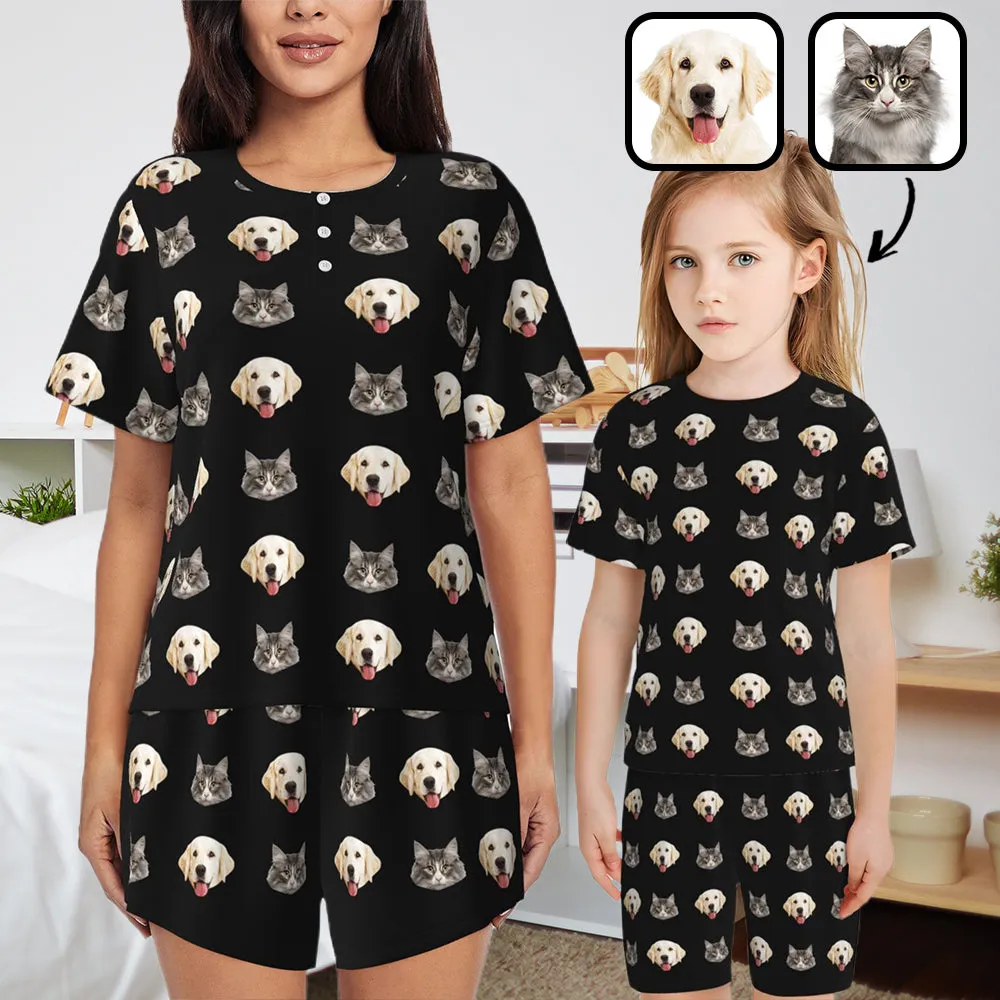 Custom Pets Face Dog and Cat Women's Casual Pajama Set with Short-sleeved Top and Drawstring Shorts