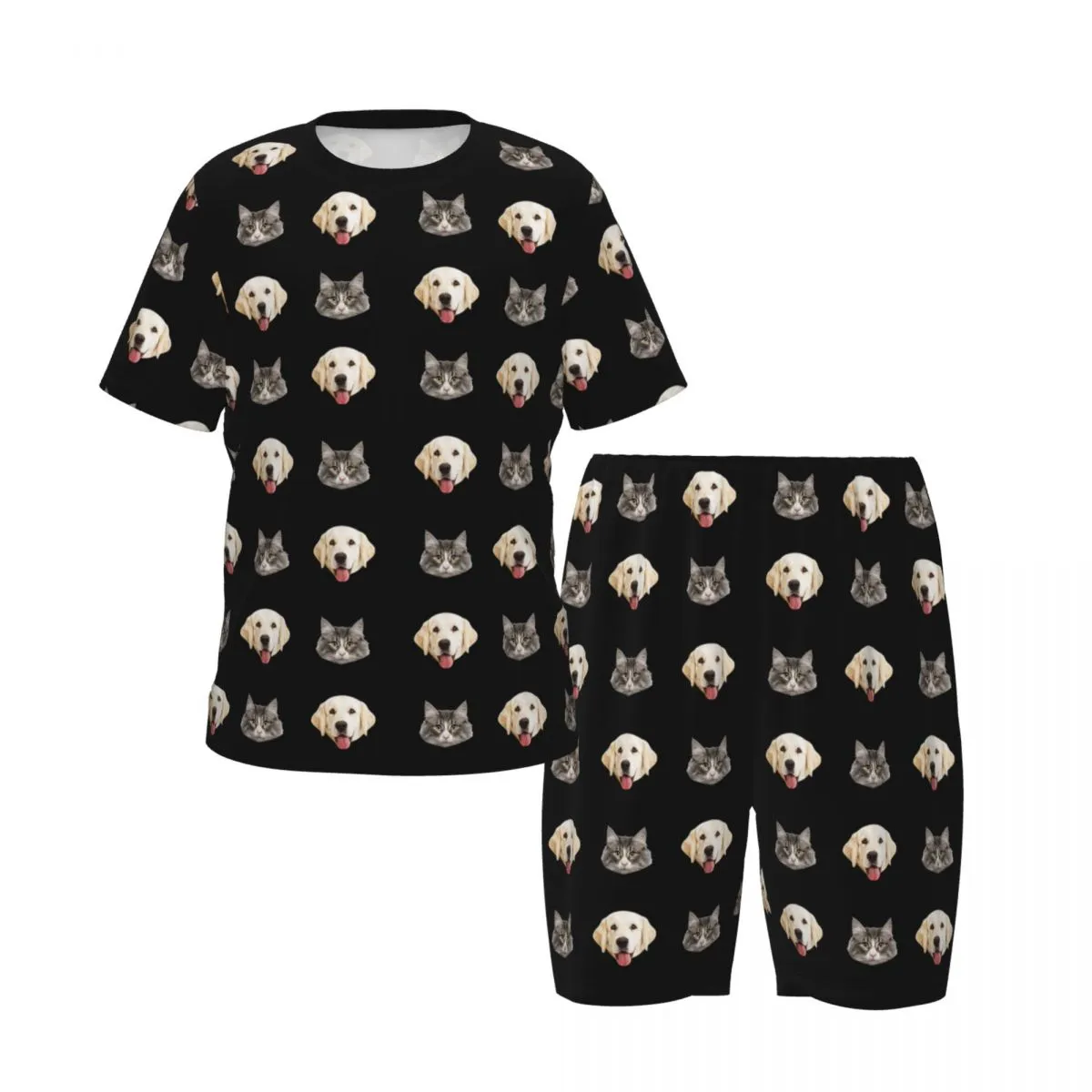 Custom Pets Face Dog and Cat Women's Casual Pajama Set with Short-sleeved Top and Drawstring Shorts