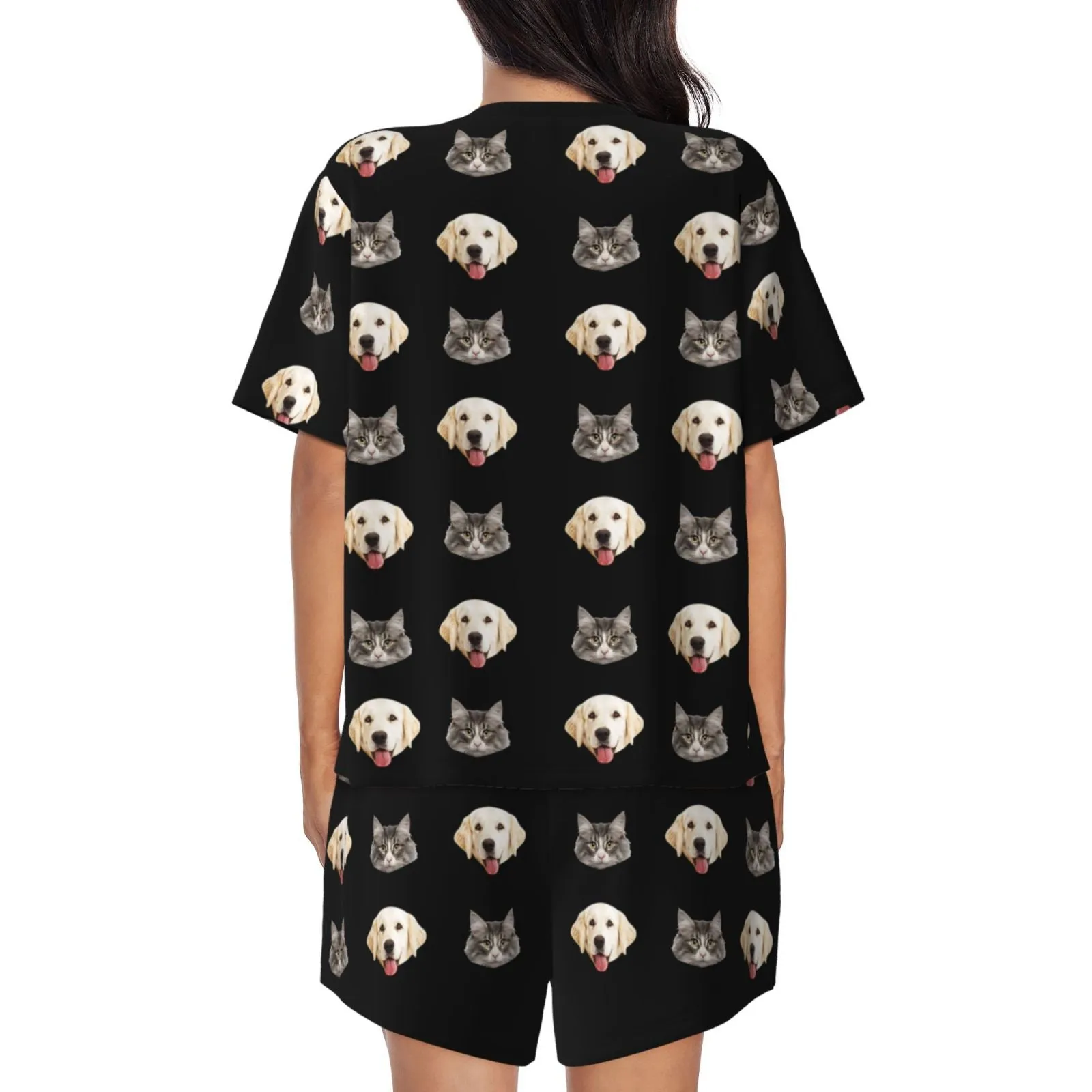 Custom Pets Face Dog and Cat Women's Casual Pajama Set with Short-sleeved Top and Drawstring Shorts