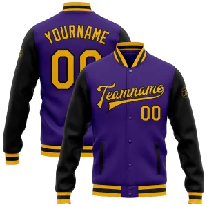 Custom Purple Gold-Black Bomber Full-Snap Varsity Letterman Two Tone Jacket