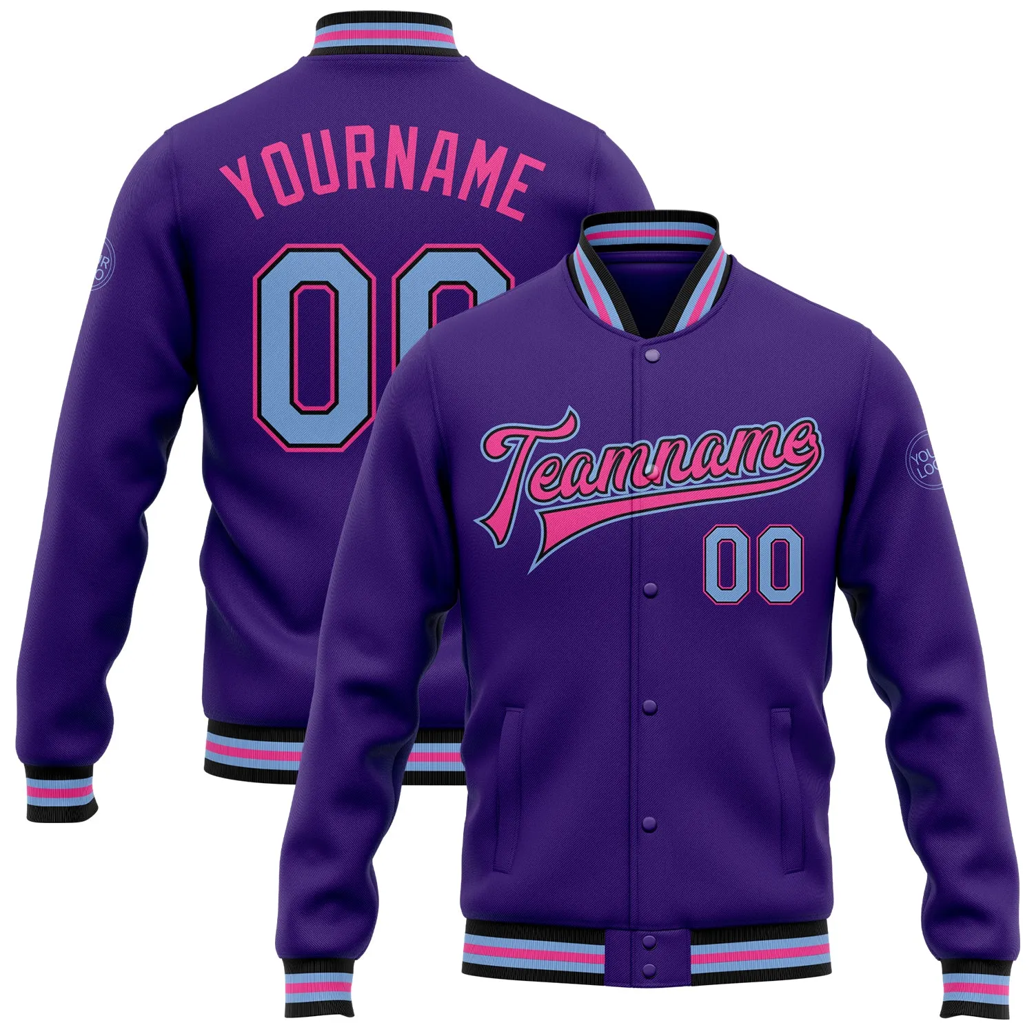 Custom Purple Light Blue Black-Pink Bomber Full-Snap Varsity Letterman Jacket