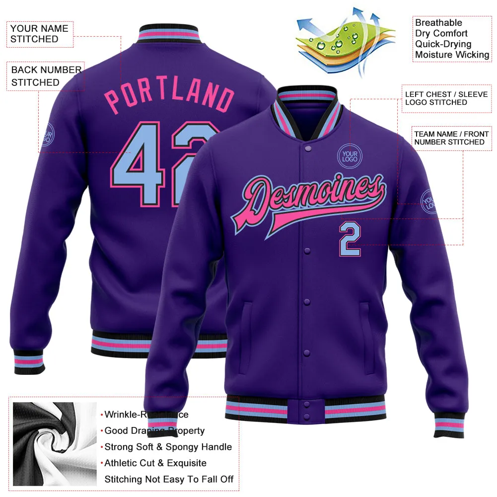 Custom Purple Light Blue Black-Pink Bomber Full-Snap Varsity Letterman Jacket