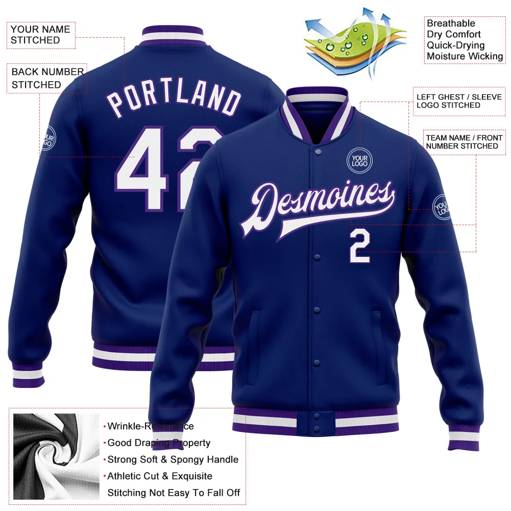 Custom Royal White-Purple Bomber Full-Snap Varsity Letterman Jacket