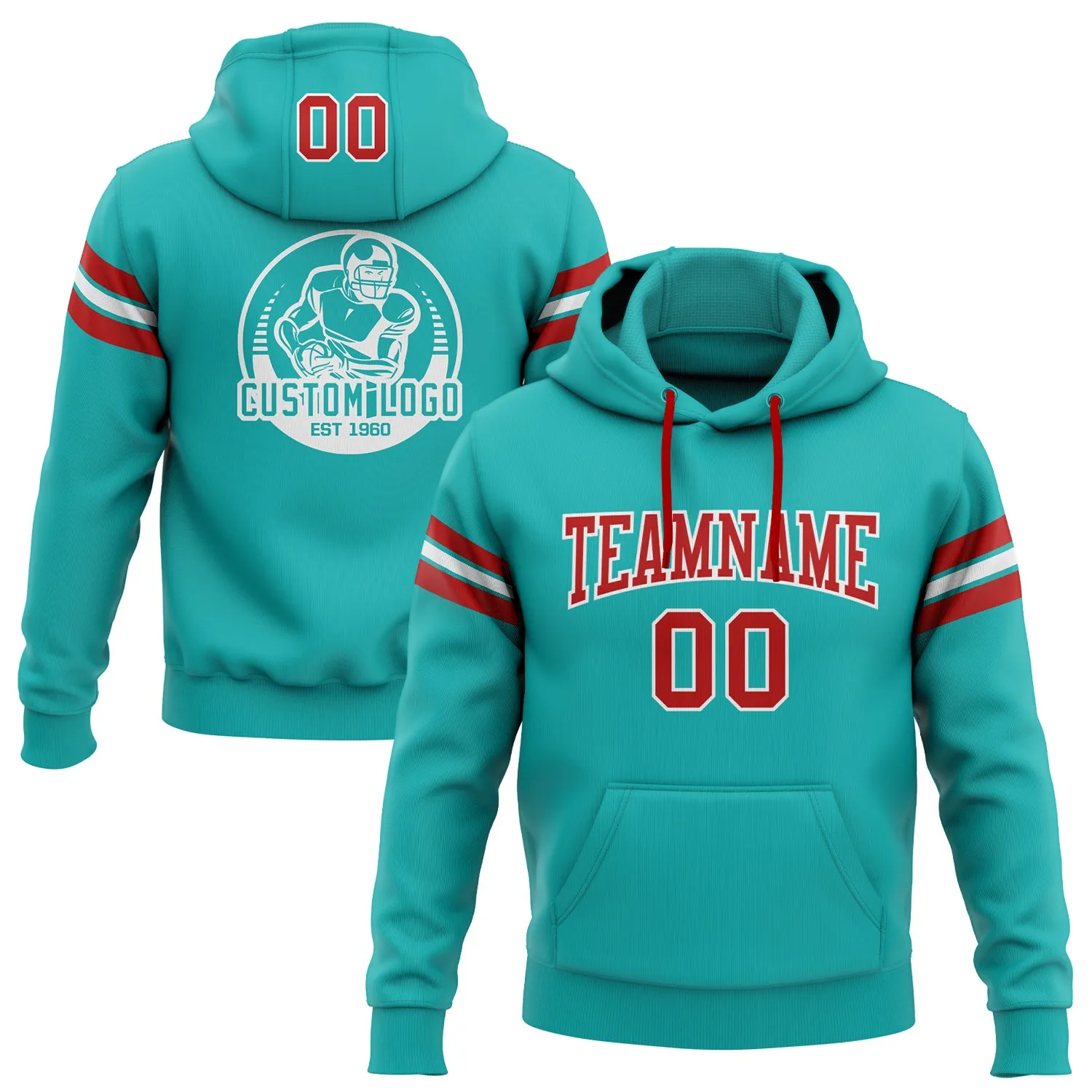 Custom Stitched Aqua Red-White Football Pullover Sweatshirt Hoodie