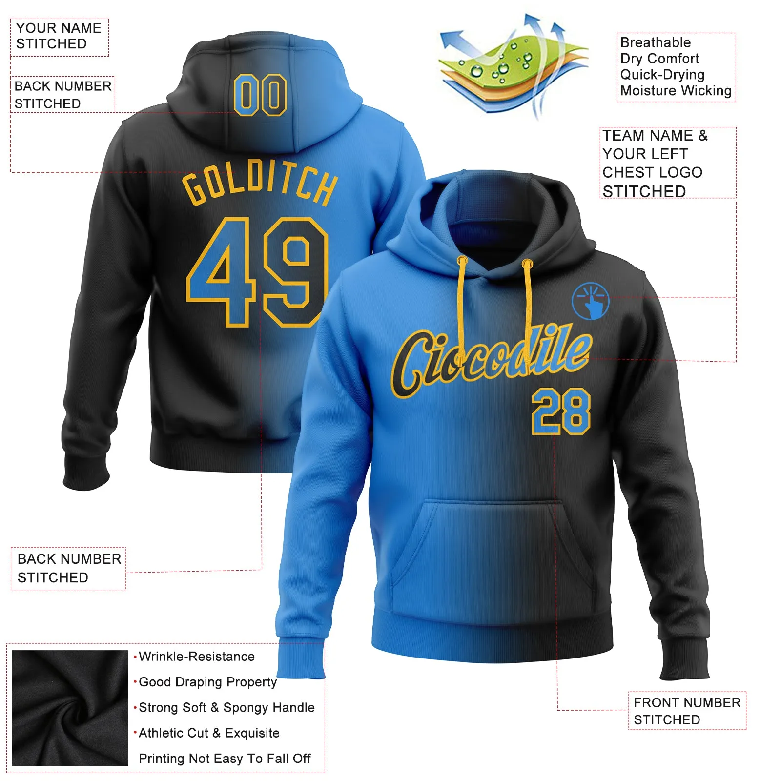 Custom Stitched Black Powder Blue-Gold Gradient Fashion Sports Pullover Sweatshirt Hoodie