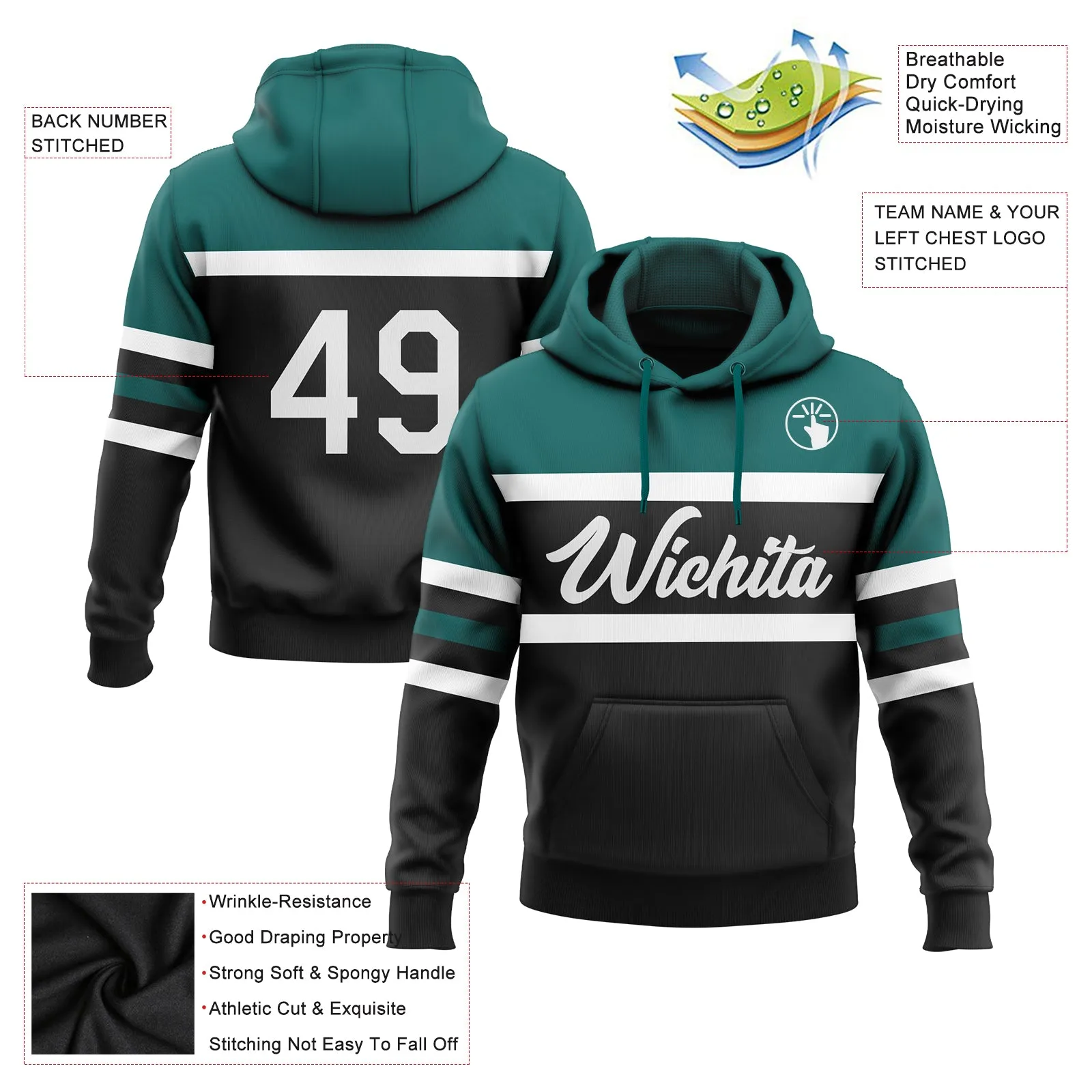 Custom Stitched Black White-Teal Line Sports Pullover Sweatshirt Hoodie