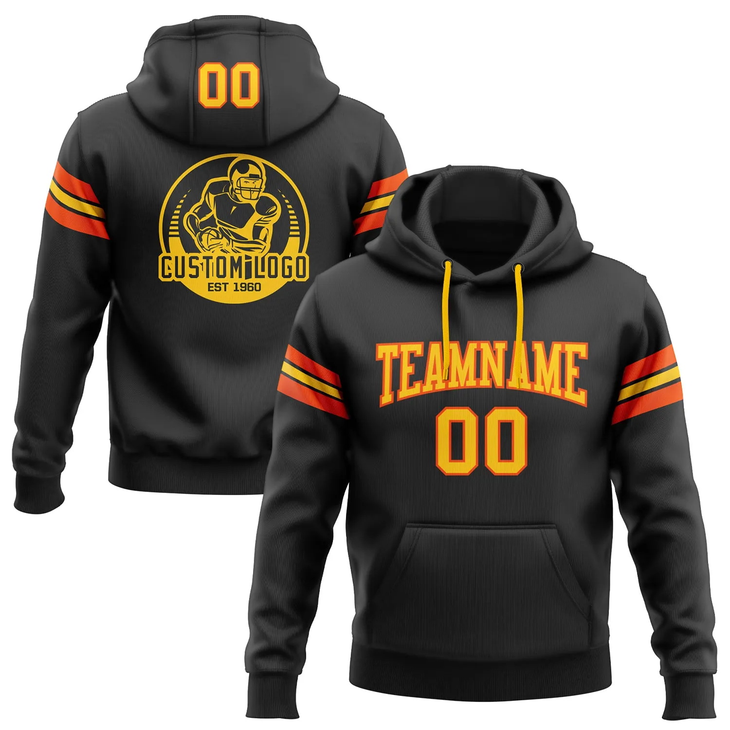 Custom Stitched Black Yellow-Orange Football Pullover Sweatshirt Hoodie