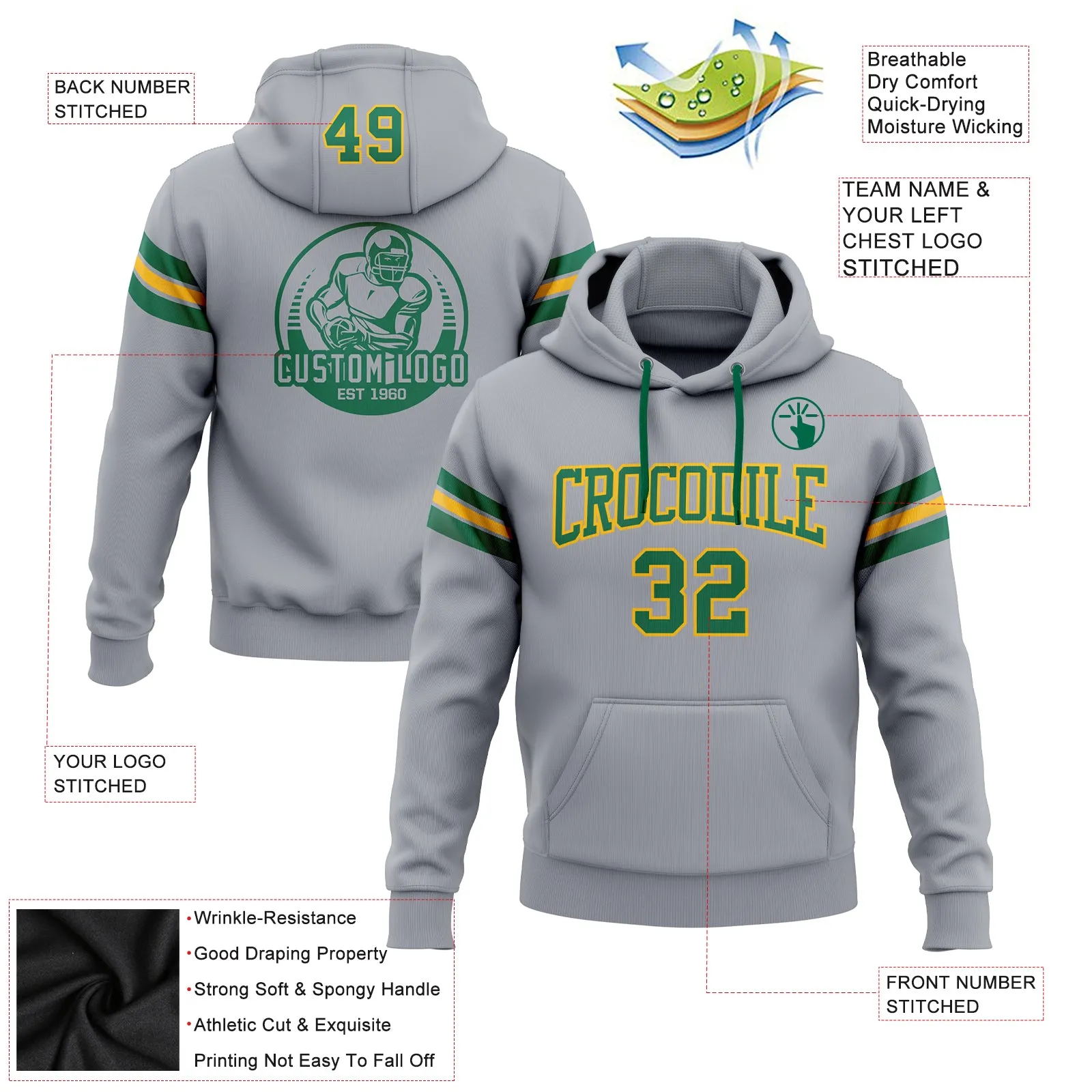 Custom Stitched Gray Kelly Green-Gold Football Pullover Sweatshirt Hoodie