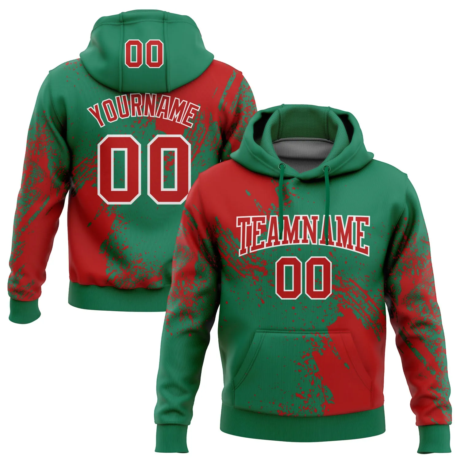 Custom Stitched Kelly Green Red-White 3D Pattern Design Abstract Brush Stroke Sports Pullover Sweatshirt Hoodie