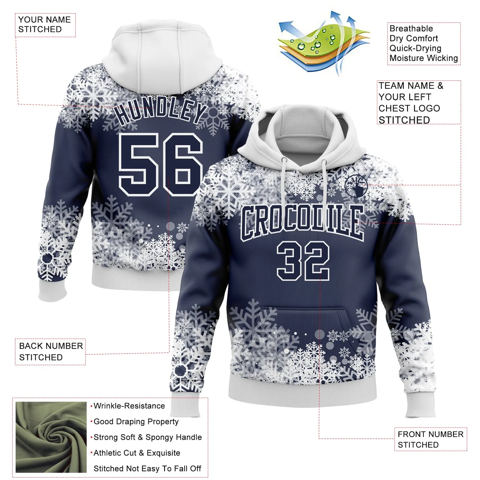 Custom Stitched Navy White Christmas Snowflakes 3D Sports Pullover Sweatshirt Hoodie