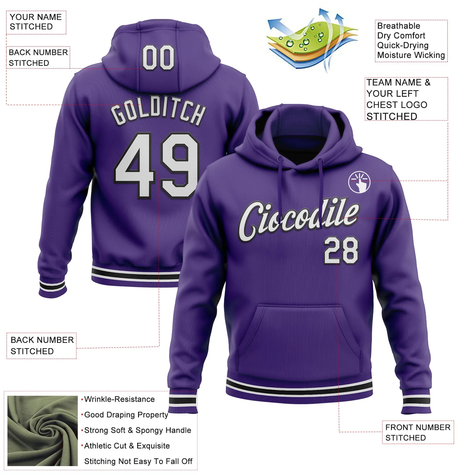 Custom Stitched Purple White-Black Sports Pullover Sweatshirt Hoodie