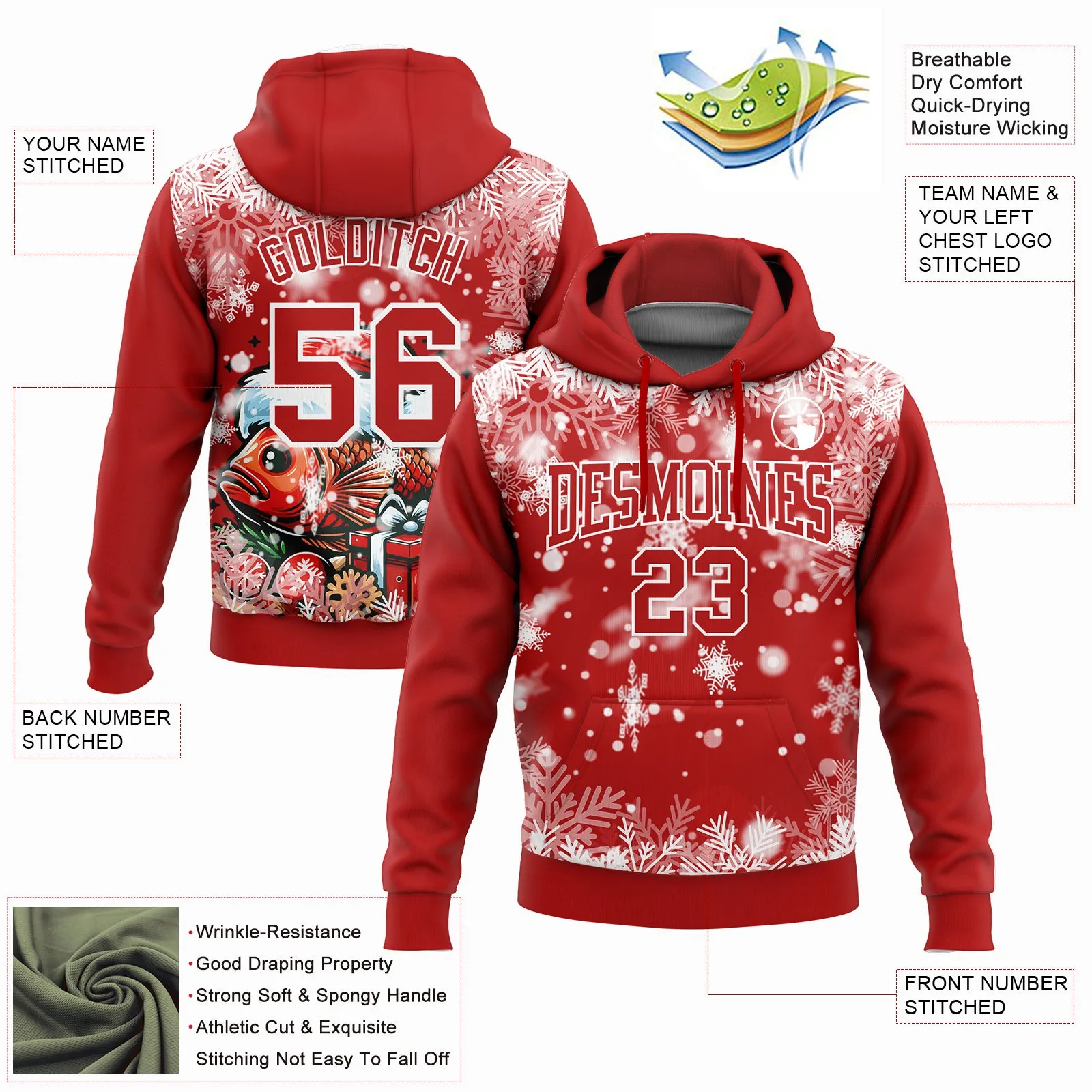 Custom Stitched Red White 3D Christmas Carp Fish Fishing Sports Pullover Sweatshirt Hoodie