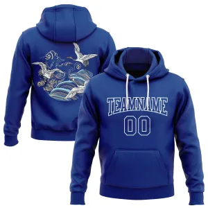 Custom Stitched Royal White 3D Pattern Design Crane And Cloud Sports Pullover Sweatshirt Hoodie