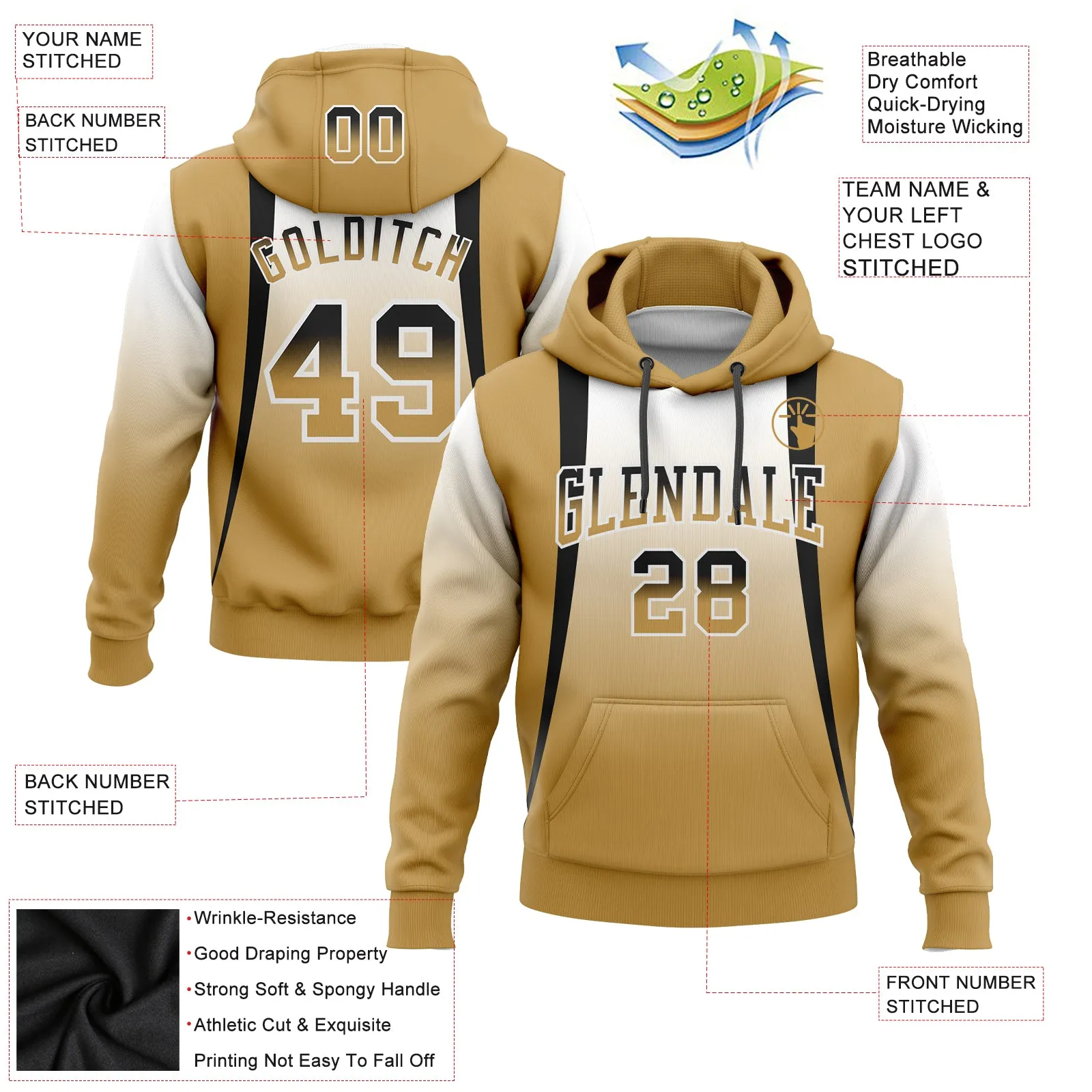 Custom Stitched White Black-Old Gold Fade Fashion Line Sports Pullover Sweatshirt Hoodie