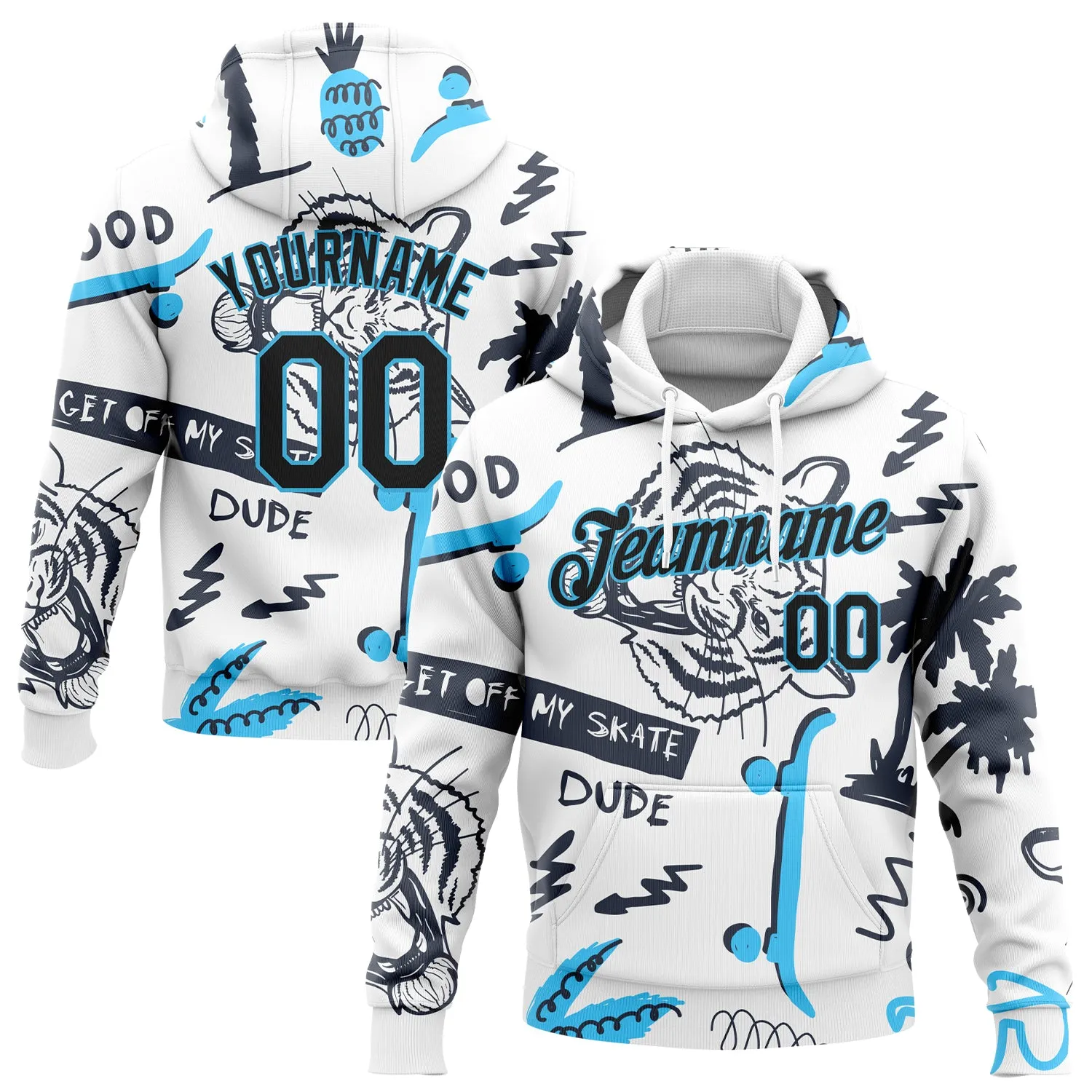 Custom Stitched White Black-Sky Blue 3D Pattern Design Tiger And Hawaii Palm Tree Sports Pullover Sweatshirt Hoodie