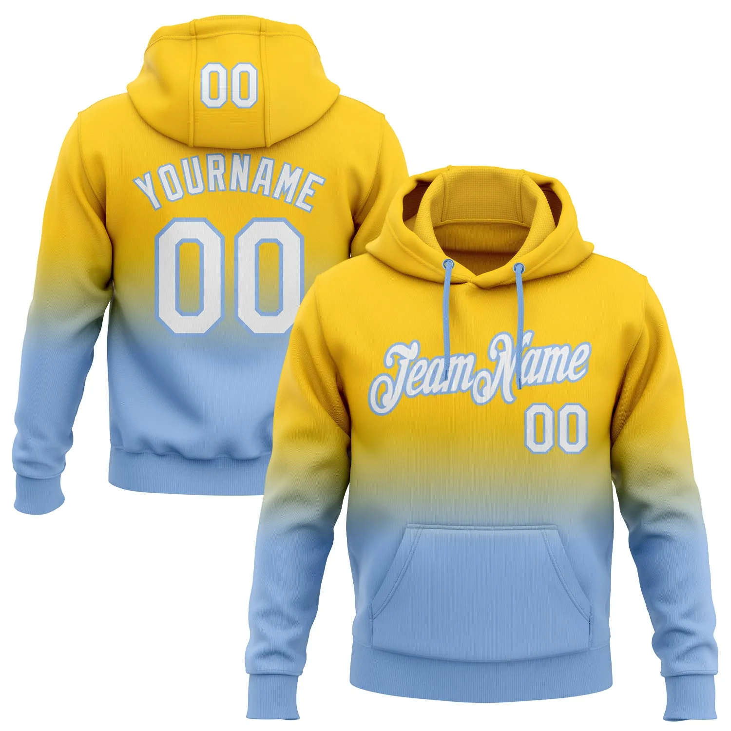 Custom Stitched Yellow White-Light Blue Fade Fashion Sports Pullover Sweatshirt Hoodie