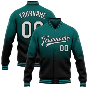 Custom Teal White-Black Bomber Full-Snap Varsity Letterman Fade Fashion Jacket