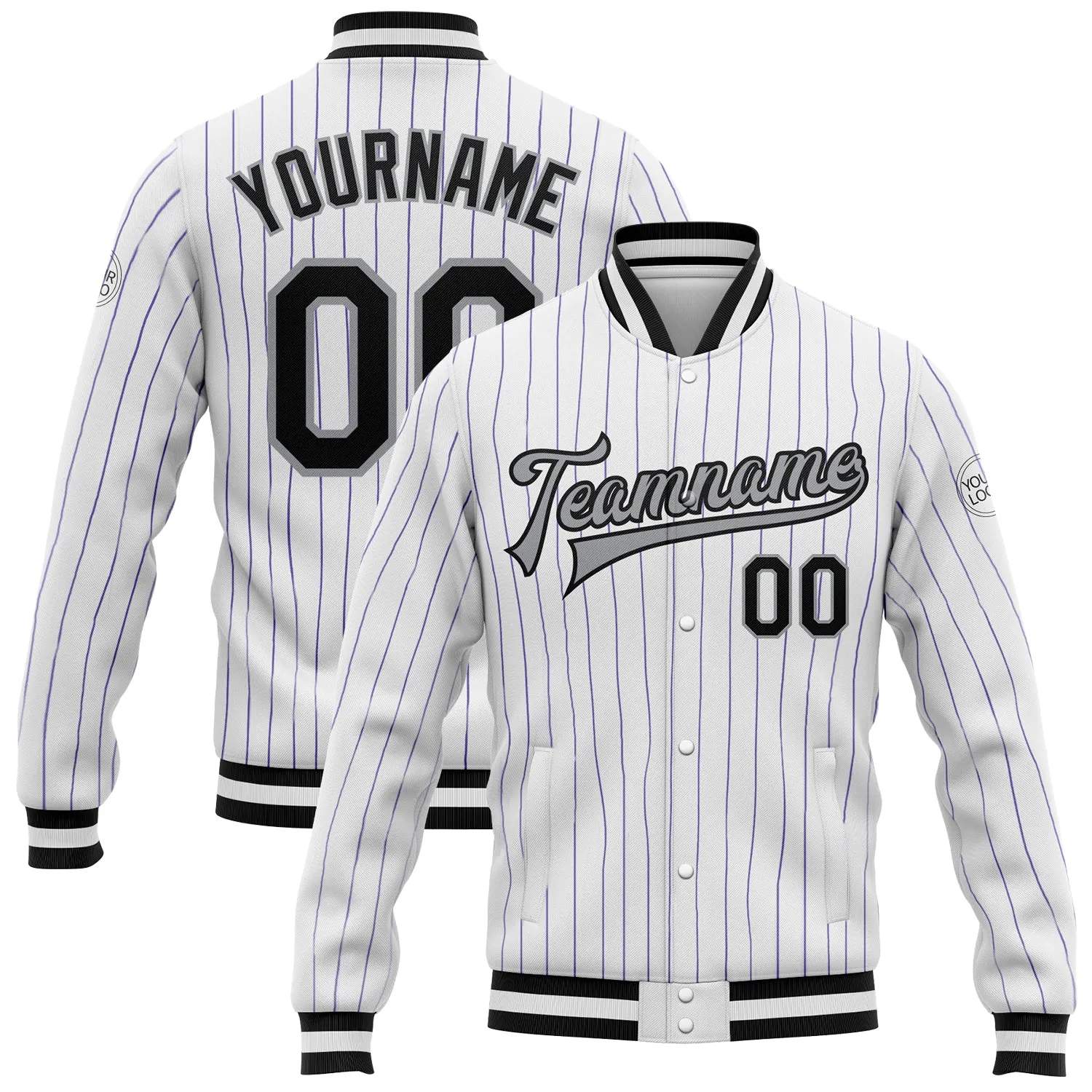 Custom White Purple Pinstripe Black-Gray Bomber Full-Snap Varsity Letterman Jacket