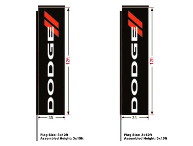 Dodge Automotive Swooper Boomer Rectangular Flag, Kit with 15' Pole and Ground Spike, 3'w x 12'h Flag, Full Color