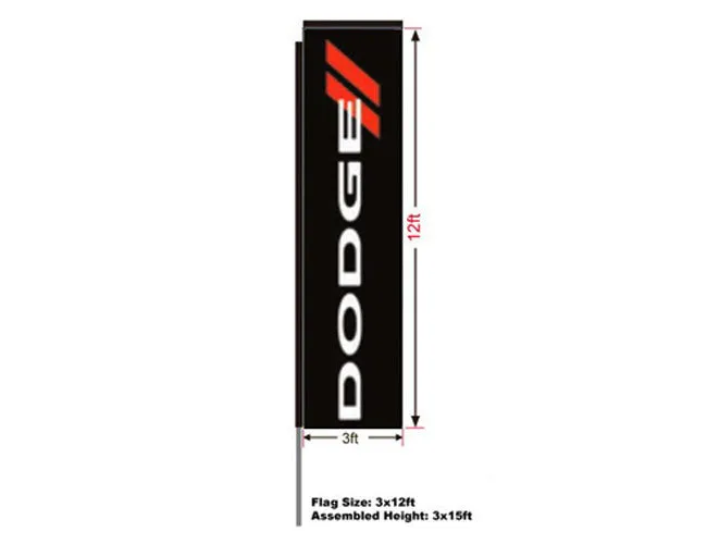 Dodge Automotive Swooper Boomer Rectangular Flag, Kit with 15' Pole and Ground Spike, 3'w x 12'h Flag, Full Color