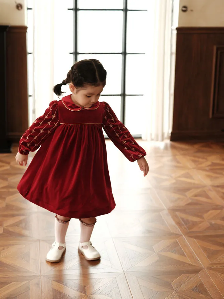 Girls' Elegant Holiday Party  Christmas Velvet Dress with Gold Embroidery